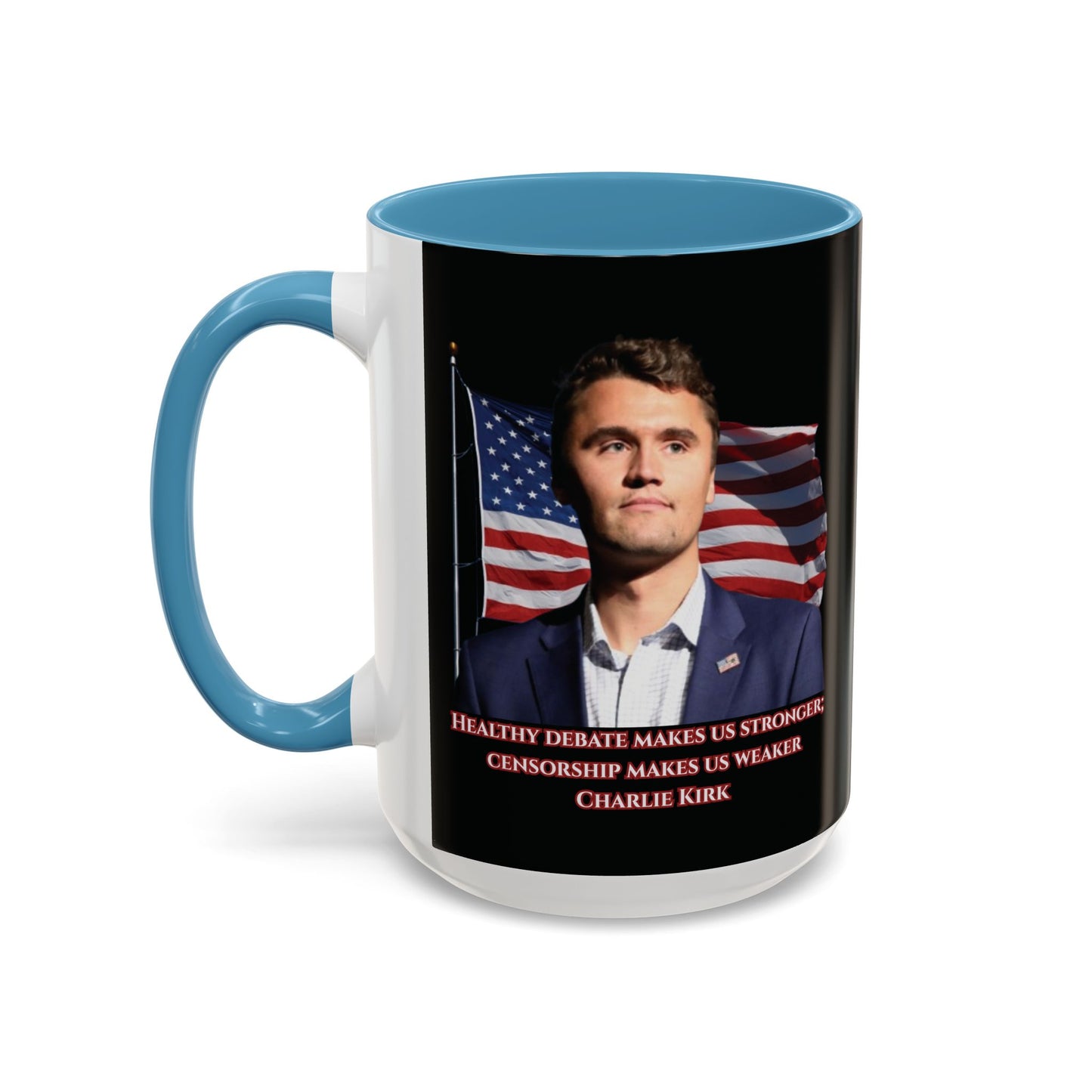 Charlie Kirk, Healthy Debate Black Accent Mug by theGreenDragonTavern.shop