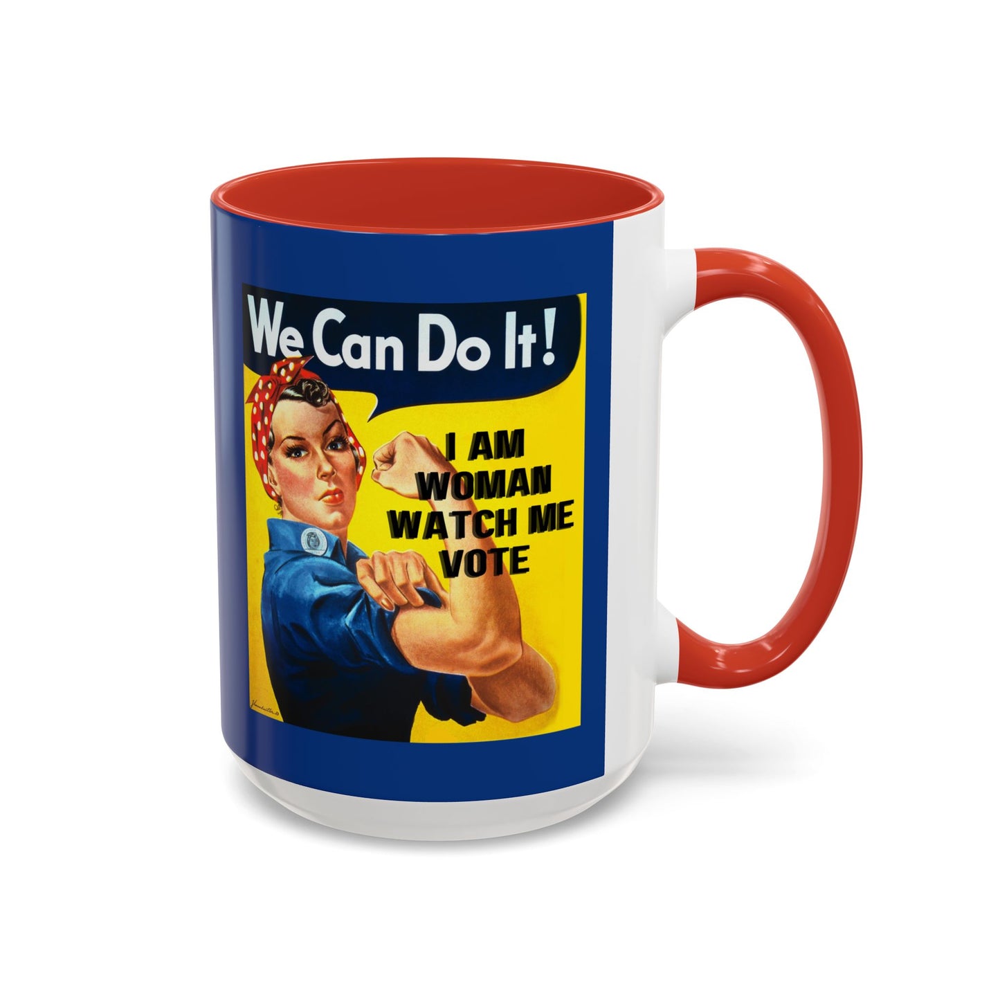 I Am Woman Watch Me Vote Rosie Dark Blue Accent Mug by theGreenDragonTavern.shop