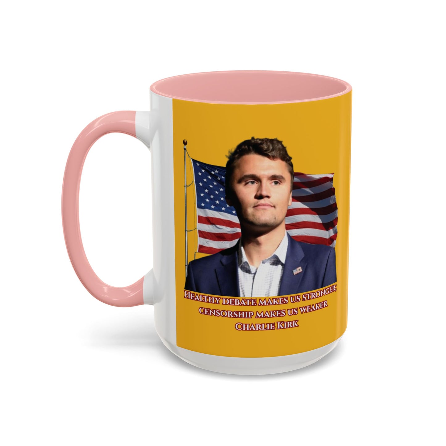 Charlie Kirk, Healthy Debate Yellow Accent Mug by theGreenDragonTavern.shop