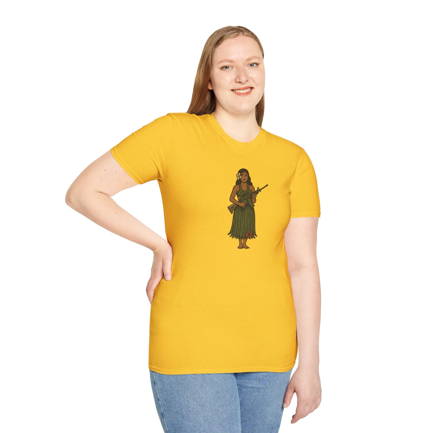 2-sided, Hula Girl Packin' Heat Light colors Unisex T-Shirt by theGreenDragonTavern.shop