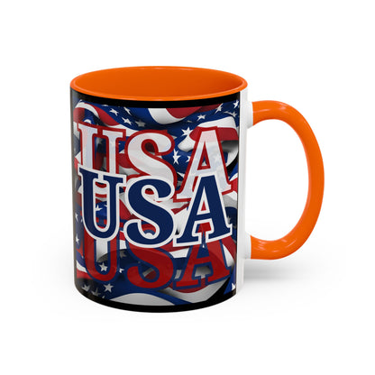 USA Blue font Center Patriot Black Accent Mug by theGreenDragonTavern.shop
