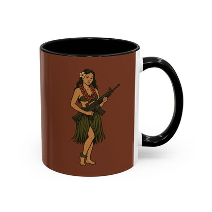 Hula Girl Packin' Heat Brown Accent Mug by theGreenDragonTavern.shop
