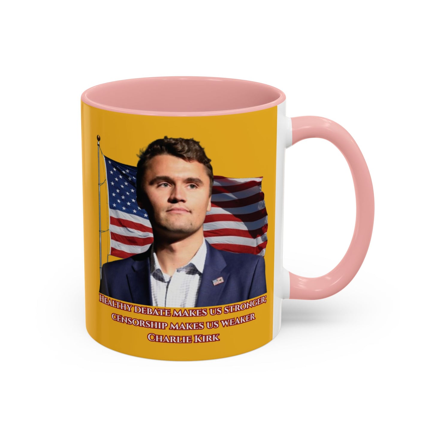 Charlie Kirk, Healthy Debate Yellow Accent Mug by theGreenDragonTavern.shop