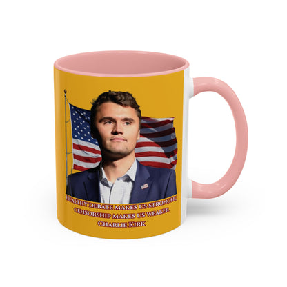 Charlie Kirk, Healthy Debate Yellow Accent Mug by theGreenDragonTavern.shop