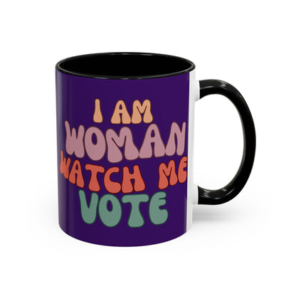 I Am Woman Watch Me Vote Dark Purple Accent Mug by theGreenDragonTavern.shop