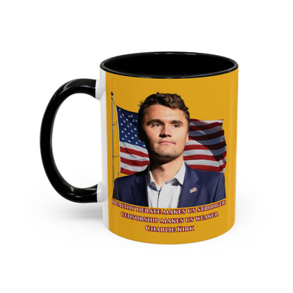 Charlie Kirk, Healthy Debate Yellow Accent Mug by theGreenDragonTavern.shop