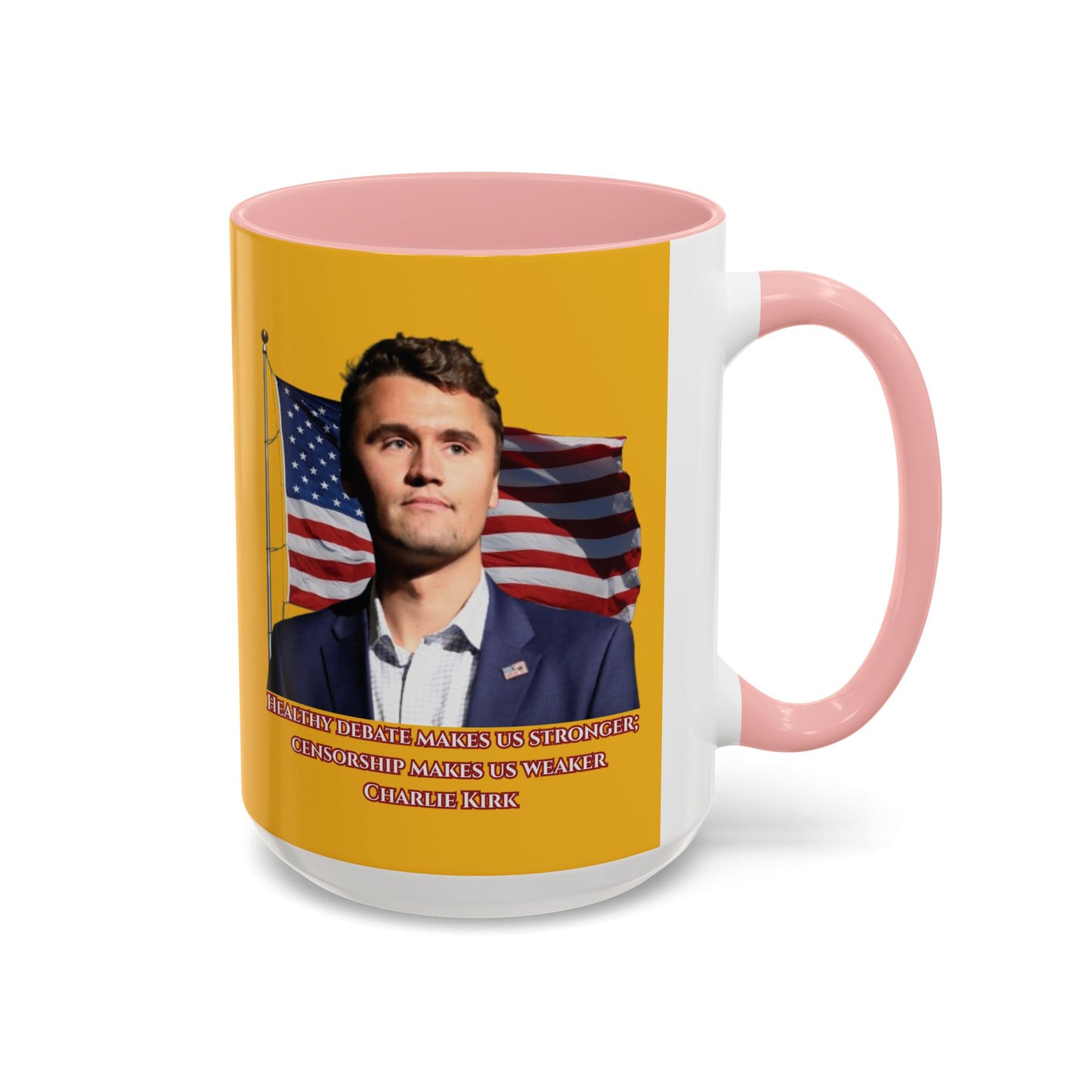 Charlie Kirk, Healthy Debate Yellow Accent Mug by theGreenDragonTavern.shop