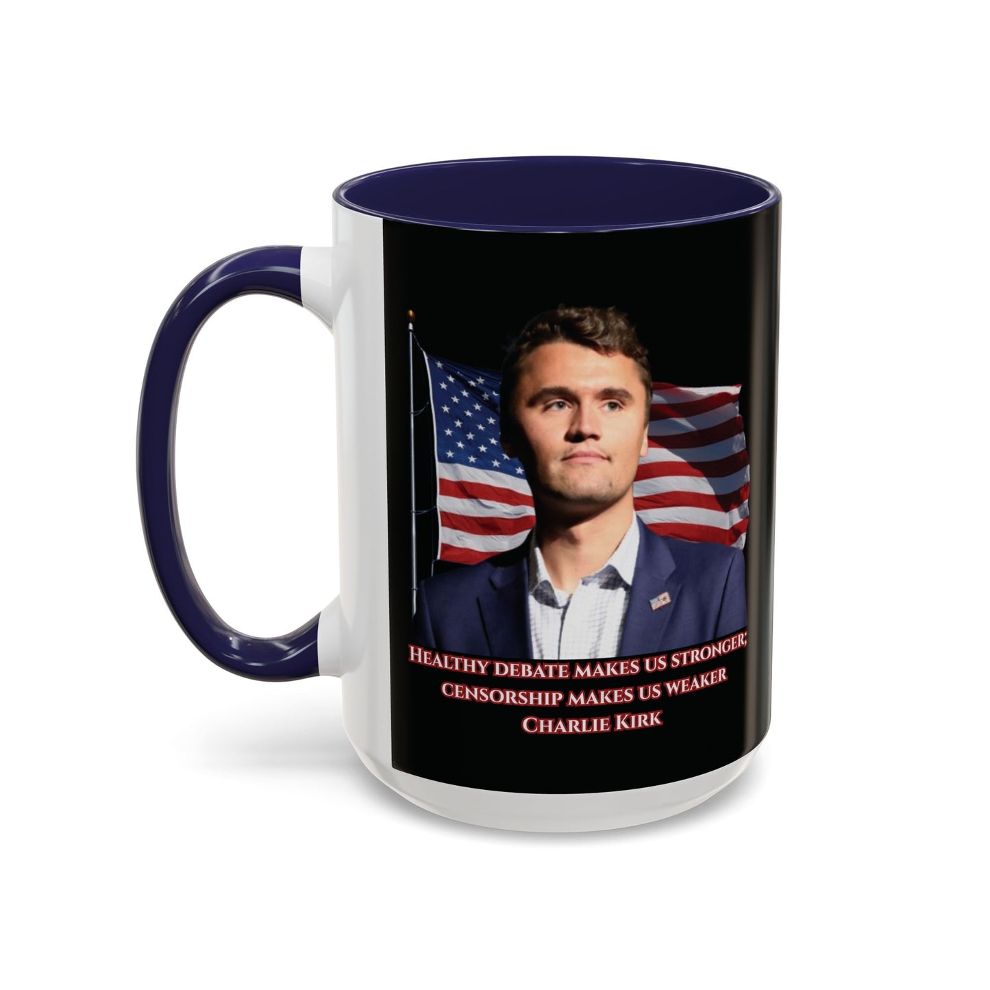 Charlie Kirk, Healthy Debate Black Accent Mug by theGreenDragonTavern.shop