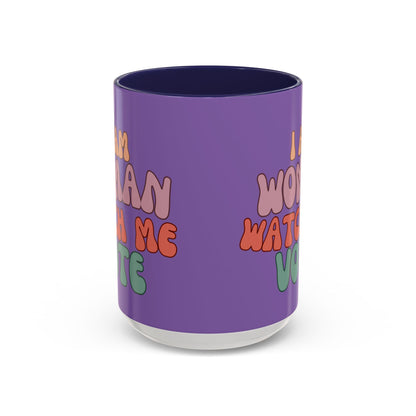I Am Woman Watch Me Vote Light Purple Accent Mug by theGreenDragonTavern.shop
