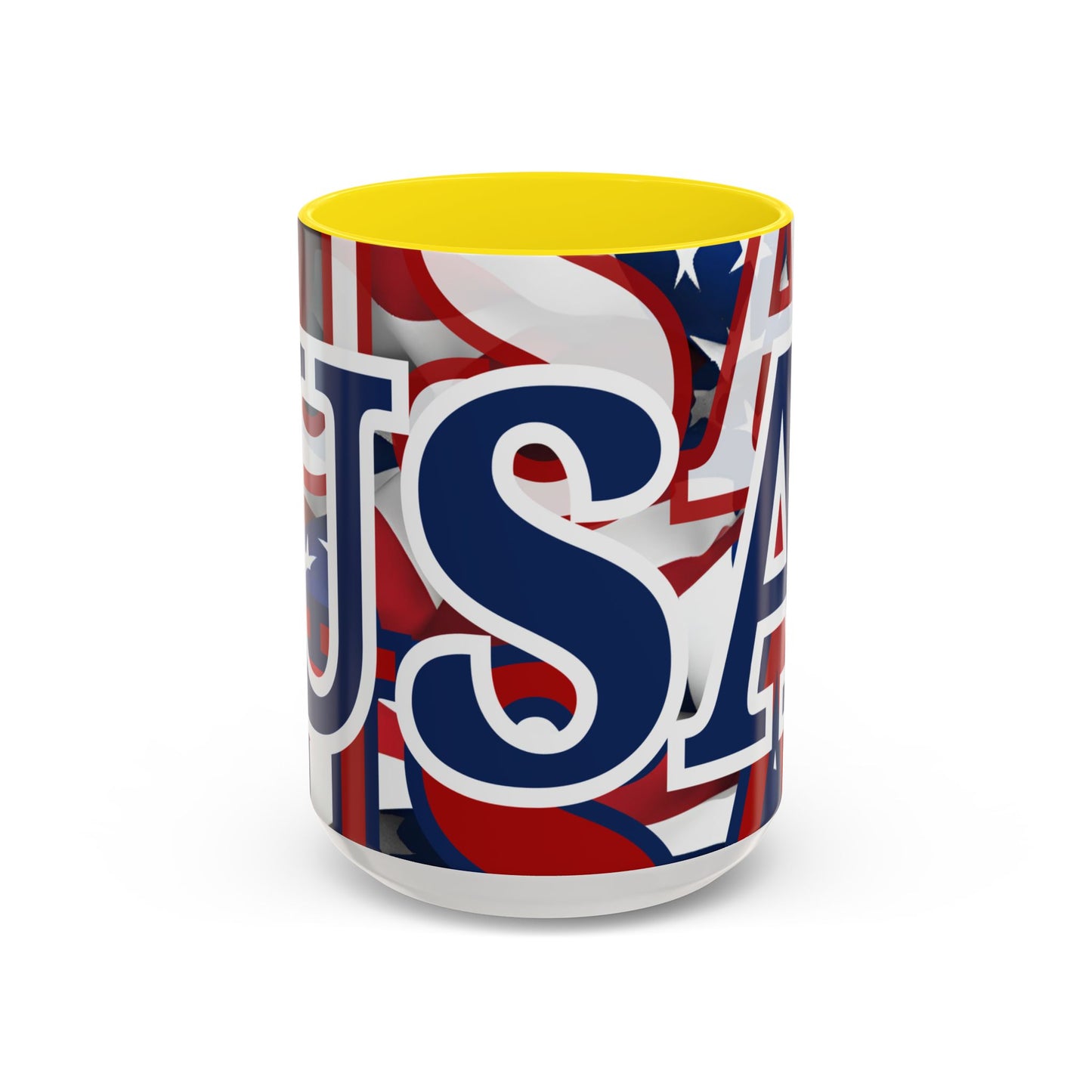 USA! USA! USA Blue font Patriot White Accent Mug by theGreenDragonTavern.shop