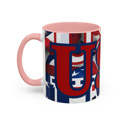 USA! USA! USA Red font Patriot White Accent Mug by theGreenDragonTavern.shop