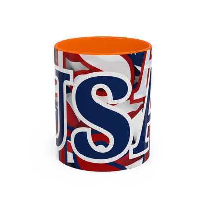USA! USA! USA Blue font Patriot Red Accent Mug by theGreenDragonTavern.shop