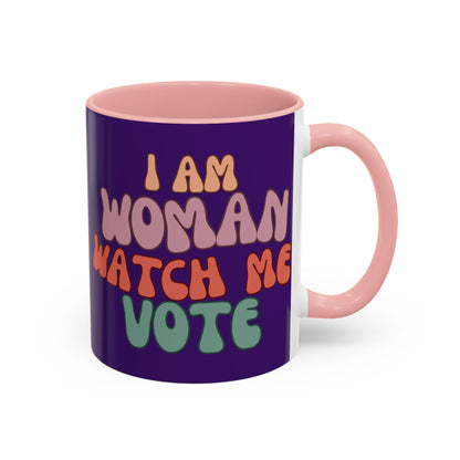 I Am Woman Watch Me Vote Dark Purple Accent Mug by theGreenDragonTavern.shop