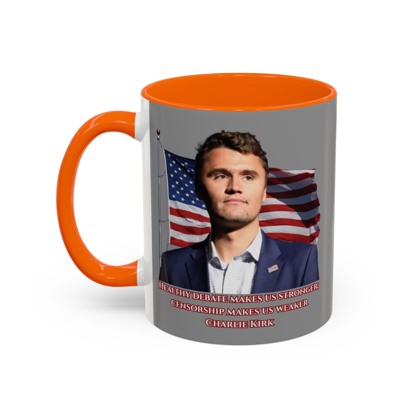 Charlie Kirk, Healthy Debate Grey Accent Mug by theGreenDragonTavern.shop