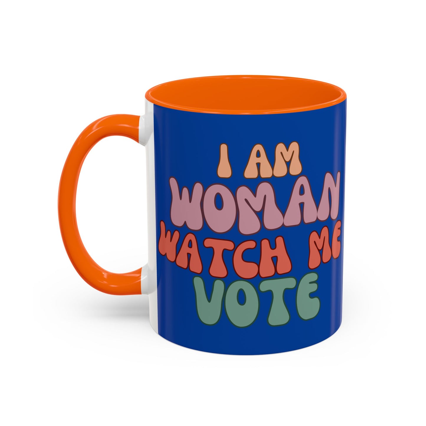 I Am Woman Watch Me Vote Dark Blue Accent Mug by theGreenDragonTavern.shop