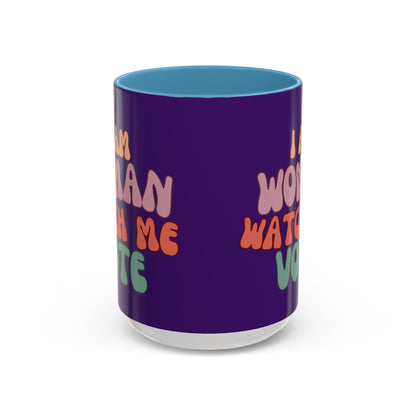 I Am Woman Watch Me Vote Dark Purple Accent Mug by theGreenDragonTavern.shop