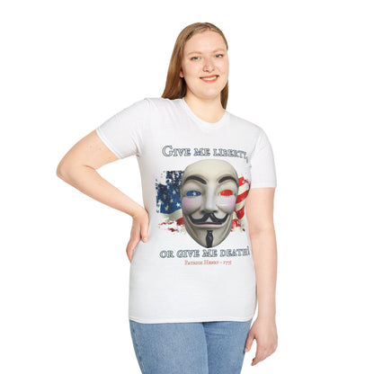 Vendetta, "Give me liberty, or give me death!" Light colors Unisex T-Shirt by theGreenDragonTavern.shop