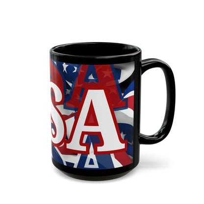 USA! USA! USA White font Patriot Black Mug by theGreenDragonTavern.shop