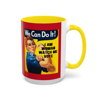 I Am Woman Watch Me Vote Rosie Red Accent Mug by theGreenDragonTavern.shop