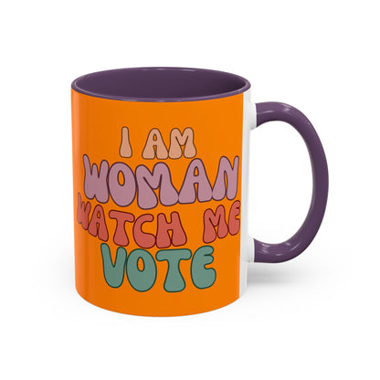 I Am Woman Watch Me Vote Orange Accent Mug by theGreenDragonTavern.shop