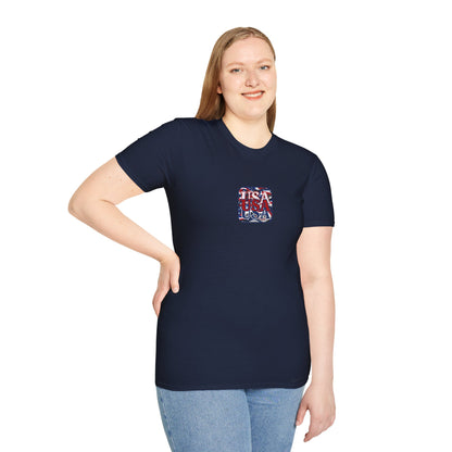 2-sided, RED White and Blue USA Patriot Dark colors Unisex T-Shirt by theGreenDragonTavern.shop