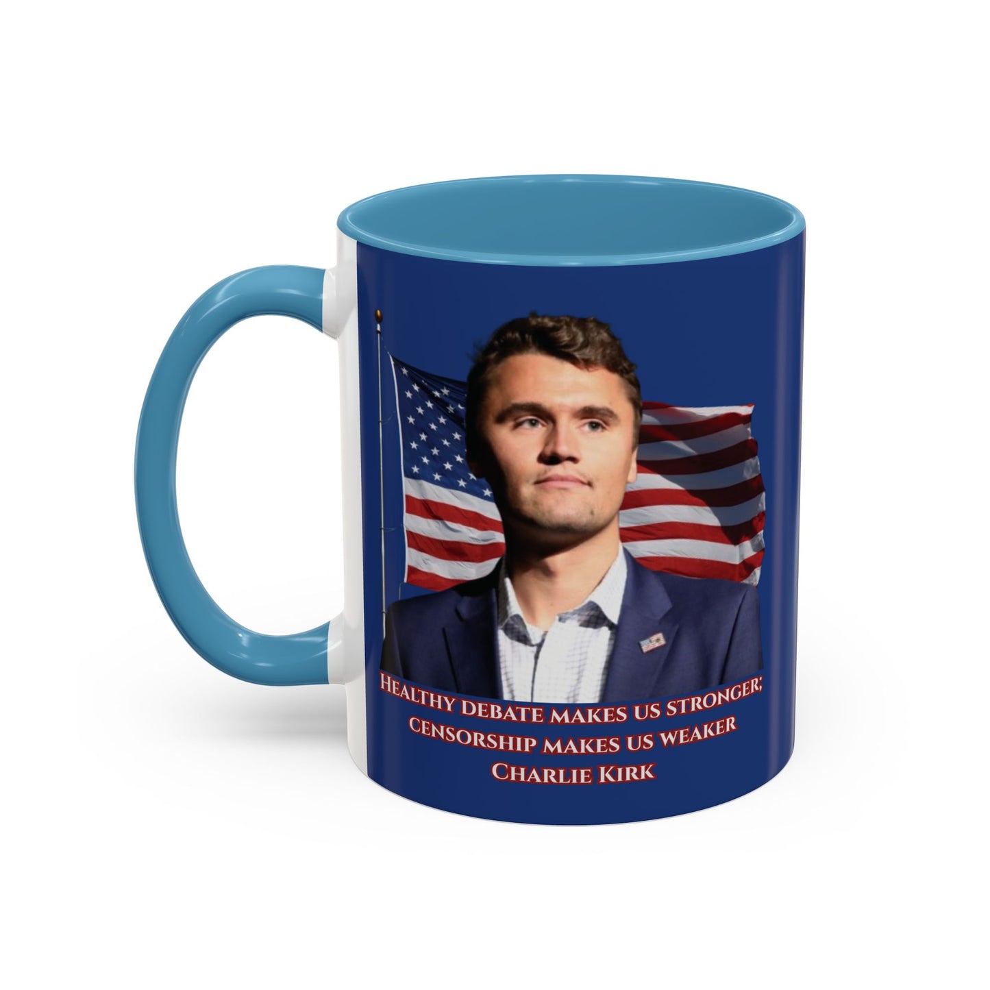 Charlie Kirk, Healthy Debate Blue Accent Mug by theGreenDragonTavern.shop
