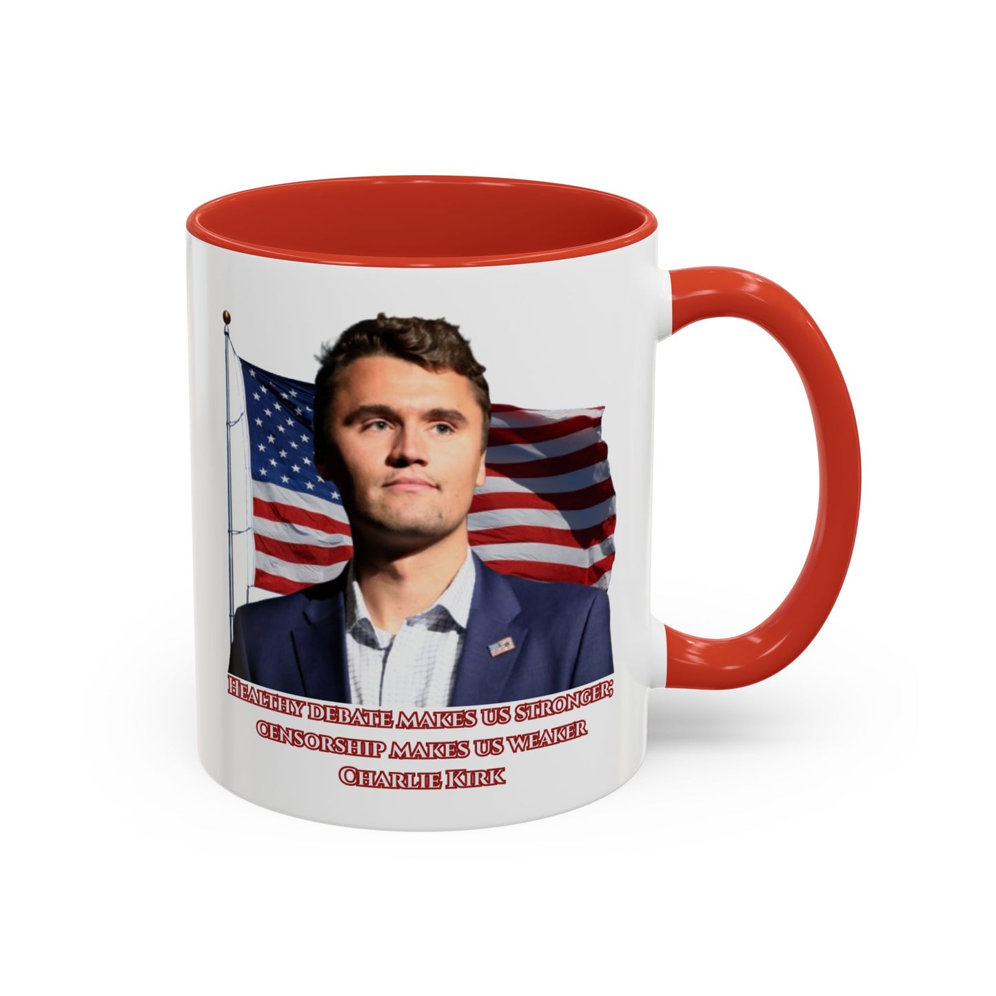 Charlie Kirk, Healthy Debate White Accent Mug by theGreenDragonTavern.shop