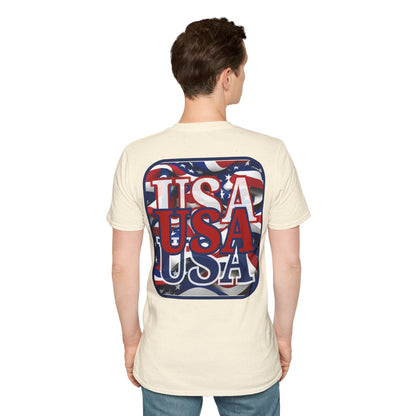 2-sided, RED White and Blue USA Patriot Light colors Unisex T-Shirt by theGreenDragonTavern.shop