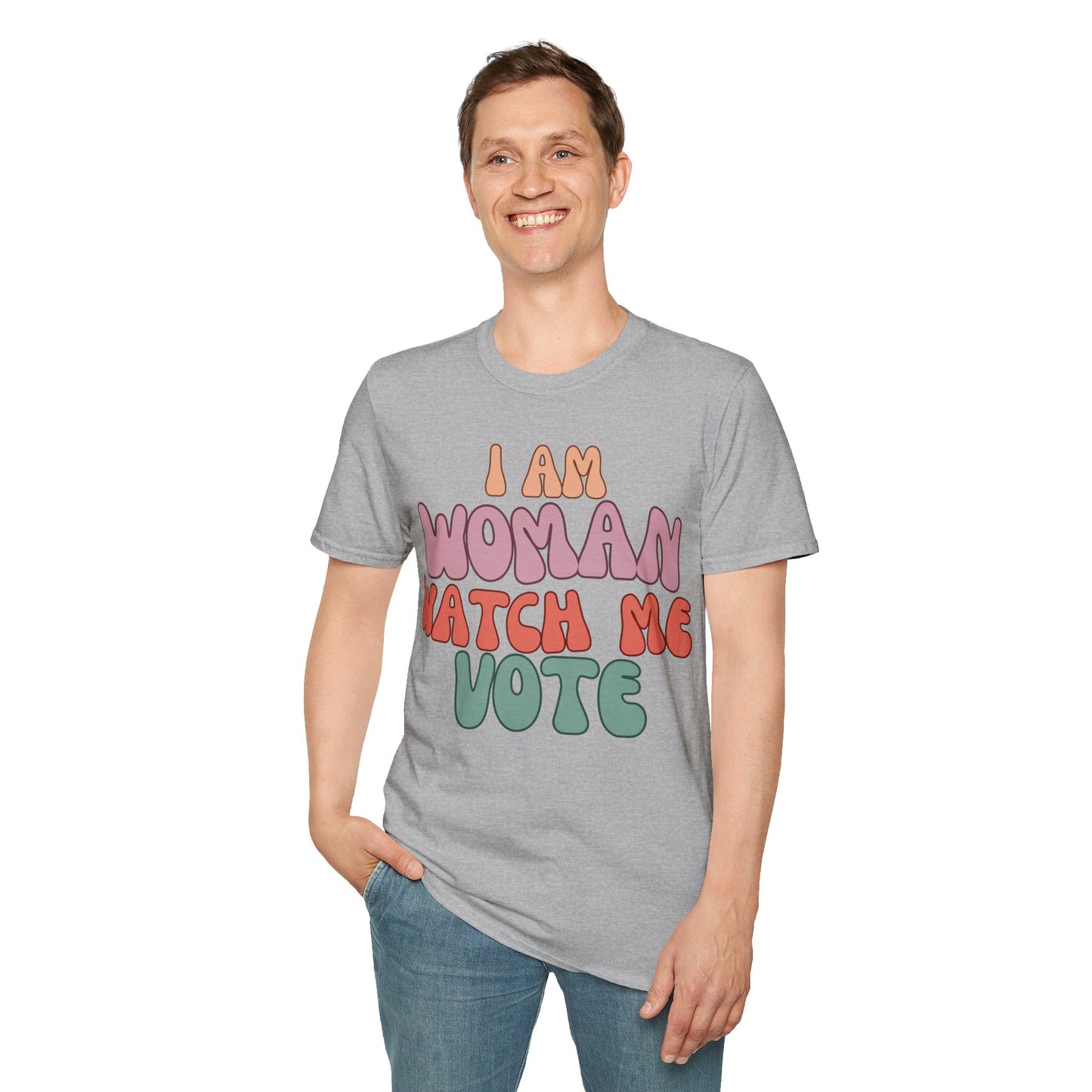 2-sided I Am Woman Watch Me Vote LTcolors Unisex T-Shirt by theGreenDragonTavern.shop