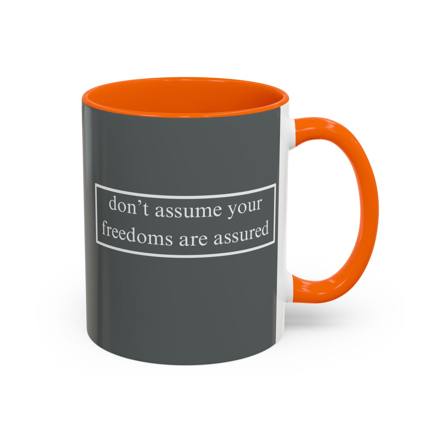 don't assume your freedoms are assured White font Grey Accent Mug by theGreenDragonTavern.shop