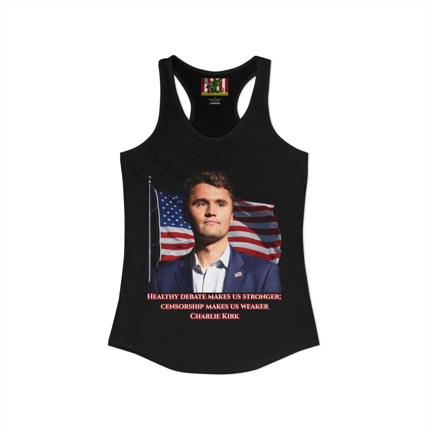 Charlie Kirk, Healthy Debate Women's Racerback Tank Top by theGreenDragonTavern.shop