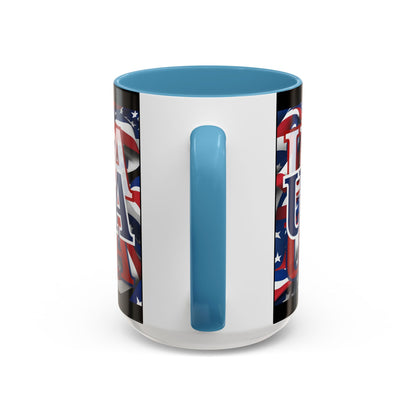 USA Blue font Center Patriot Black Accent Mug by theGreenDragonTavern.shop
