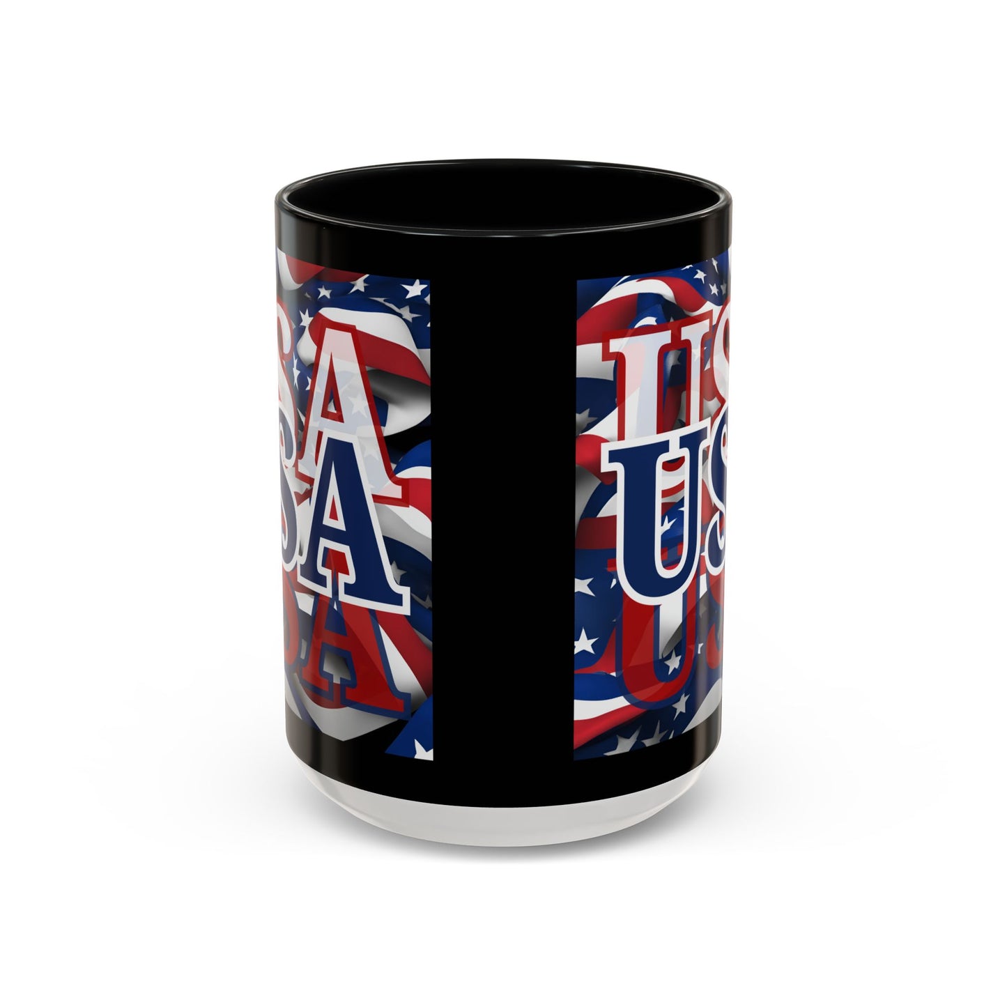 USA Blue font Center Patriot Black Accent Mug by theGreenDragonTavern.shop