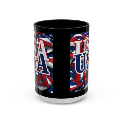 USA Blue font Center Patriot Black Accent Mug by theGreenDragonTavern.shop