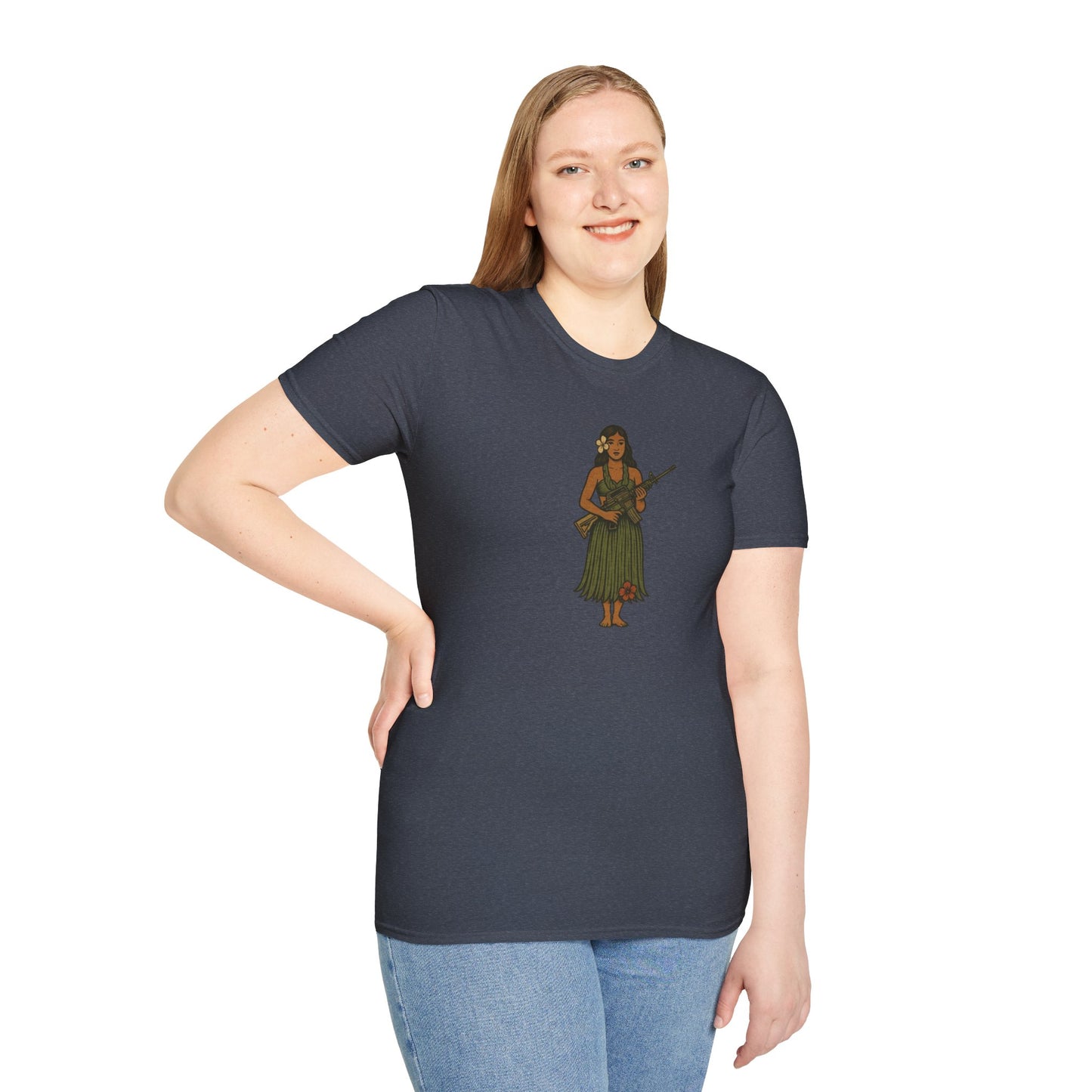 2-sided, Hula Girl Packin' Heat Dark colors Unisex T-Shirt by theGreenDragonTavern.shop