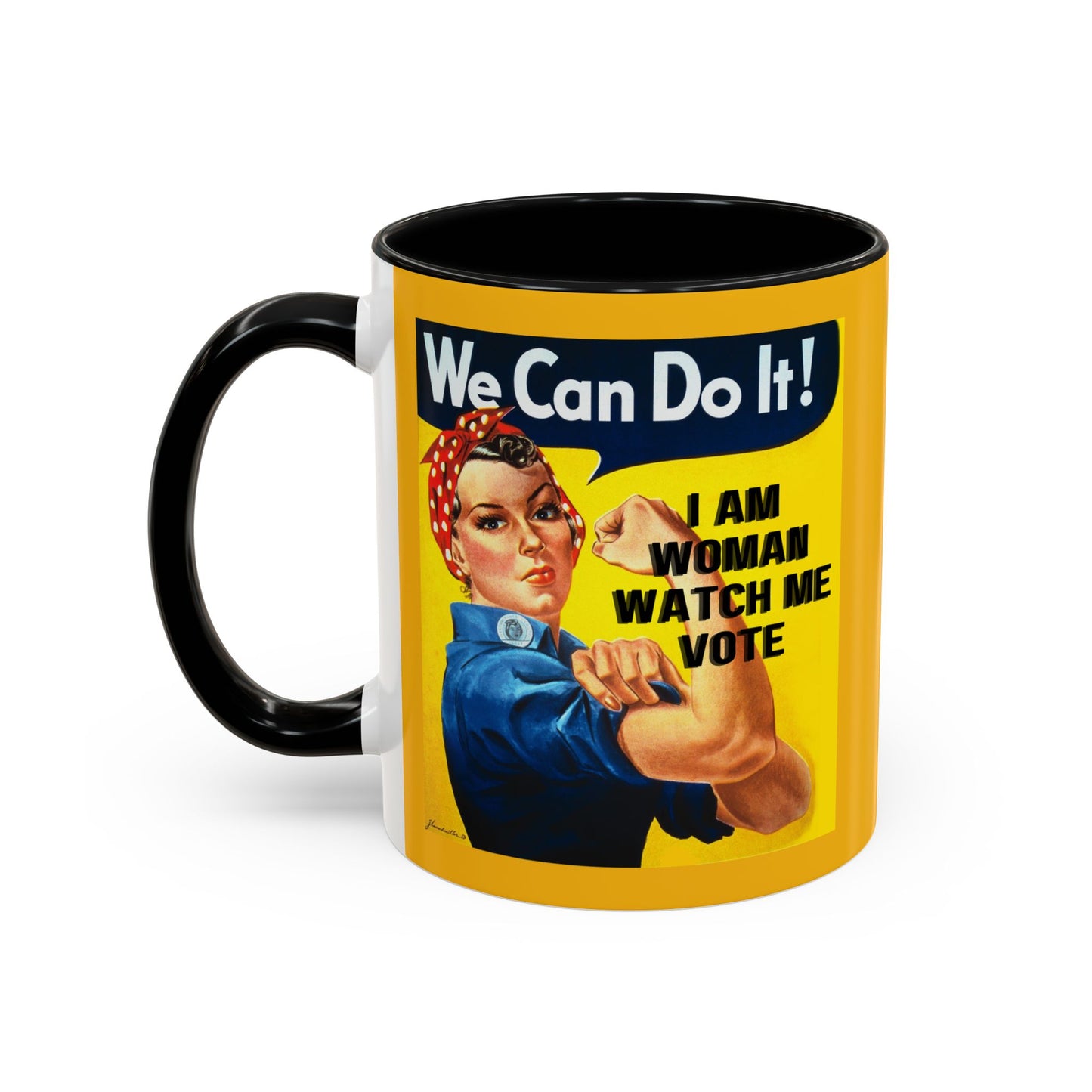 I Am Woman Watch Me Vote Rosie Yellow Accent Mug by theGreenDragonTavern.shop