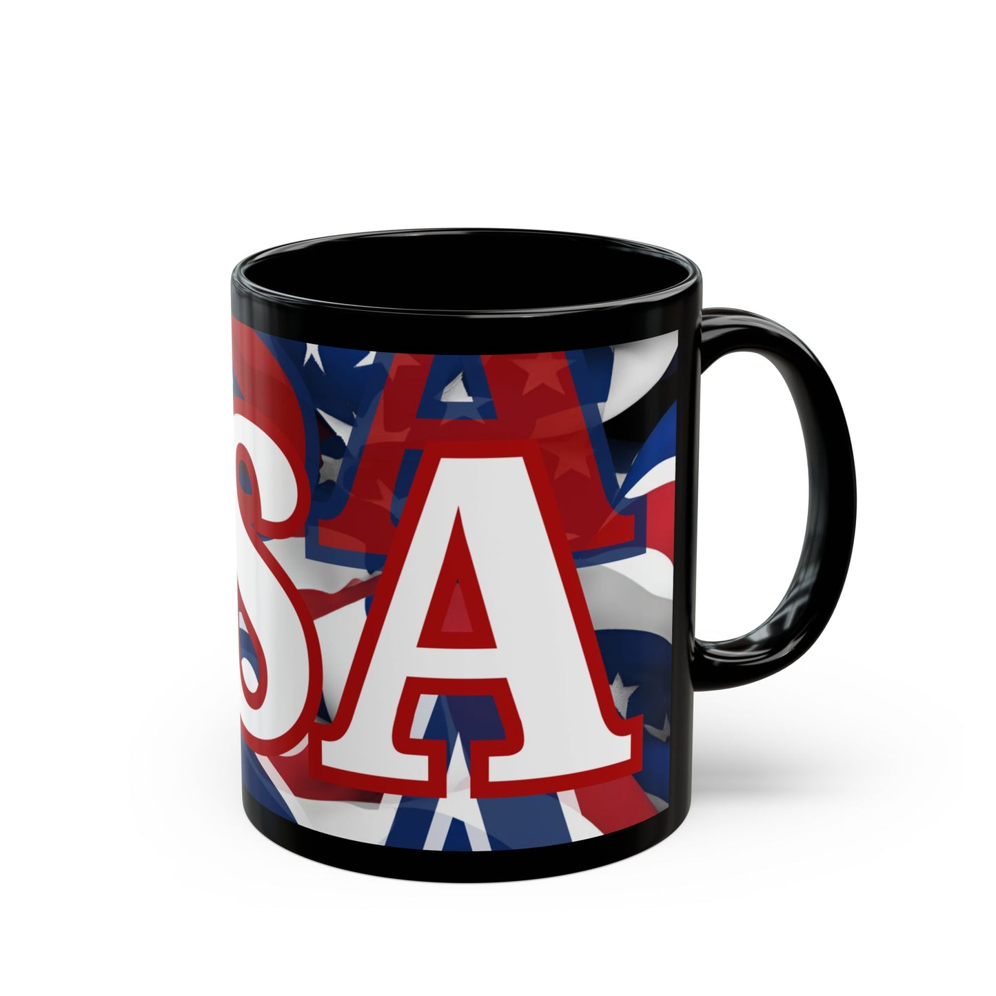 USA! USA! USA White font Patriot Black Mug by theGreenDragonTavern.shop