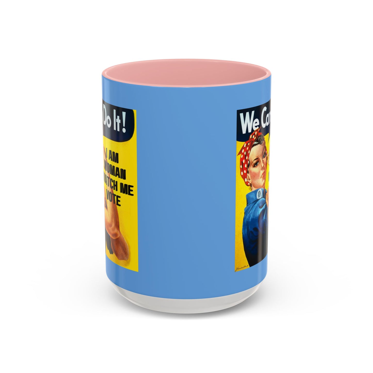 I Am Woman Watch Me Vote Rosie Light Blue Accent Mug by theGreenDragonTavern.shop