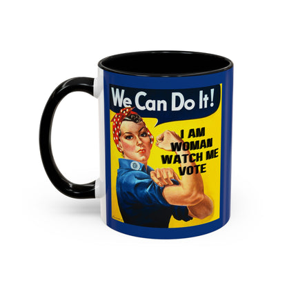 I Am Woman Watch Me Vote Rosie Dark Blue Accent Mug by theGreenDragonTavern.shop