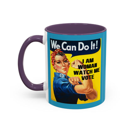I Am Woman Watch Me Vote Rosie Turquoise Accent Mug by theGreenDragonTavern.shop