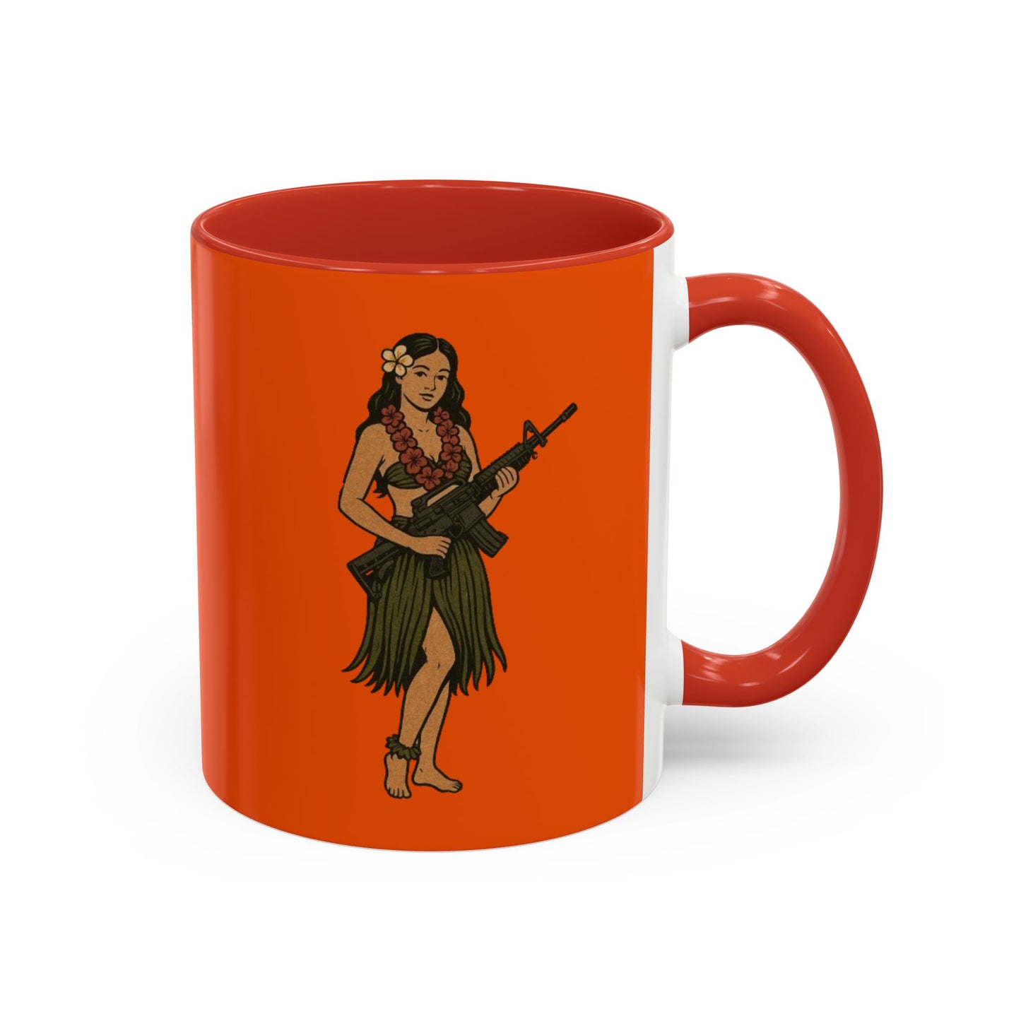 Hula Girl Packin' Heat Orange Accent Mug by theGreenDragonTavern.shop