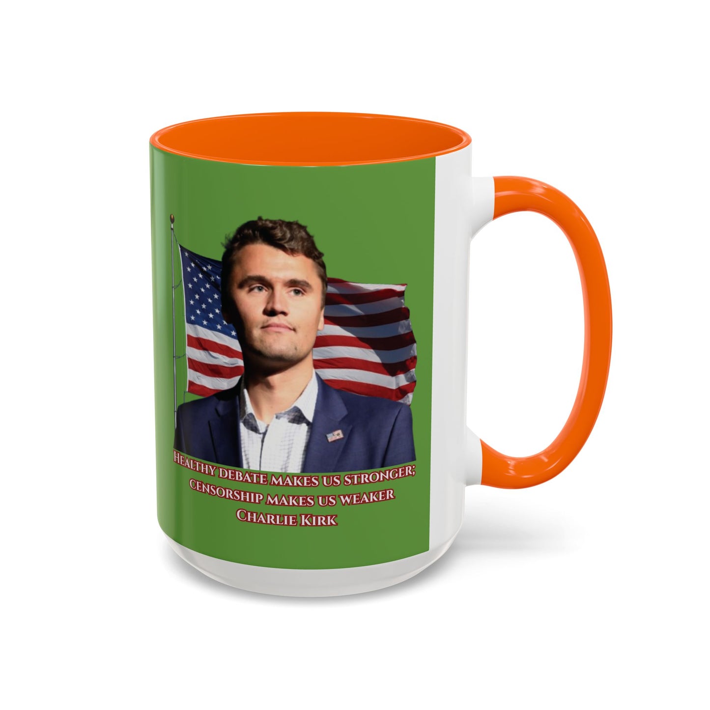 Charlie Kirk, Healthy Debate Green Accent Mug by theGreenDragonTavern.shop