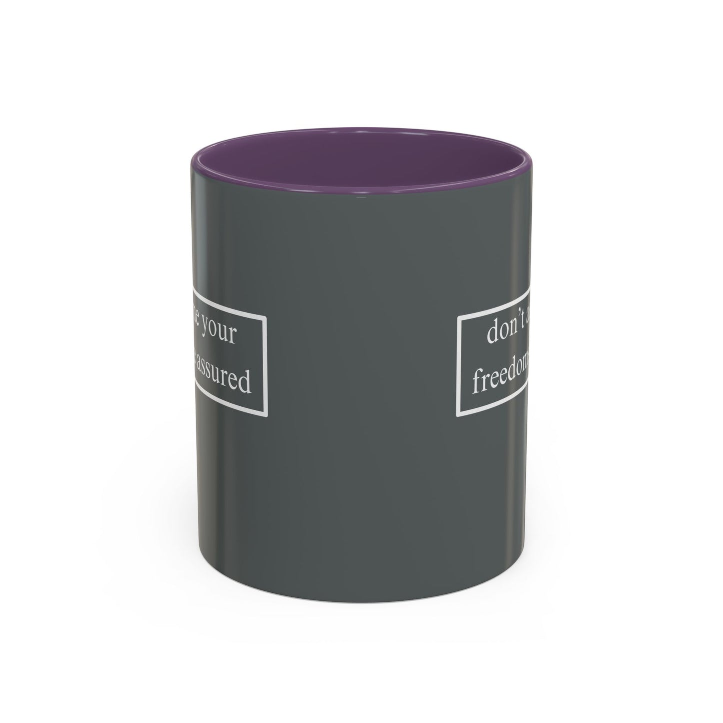 don't assume your freedoms are assured White font Grey Accent Mug by theGreenDragonTavern.shop