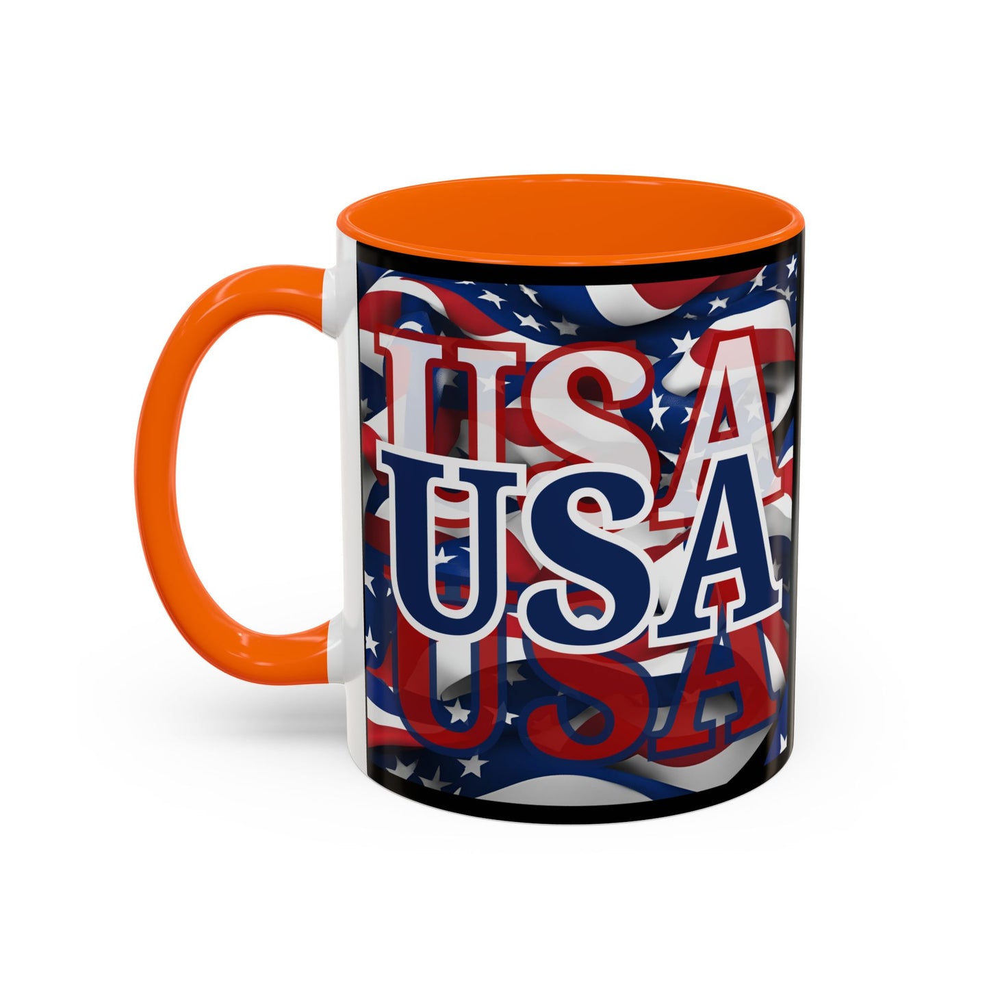 USA Blue font Center Patriot Black Accent Mug by theGreenDragonTavern.shop