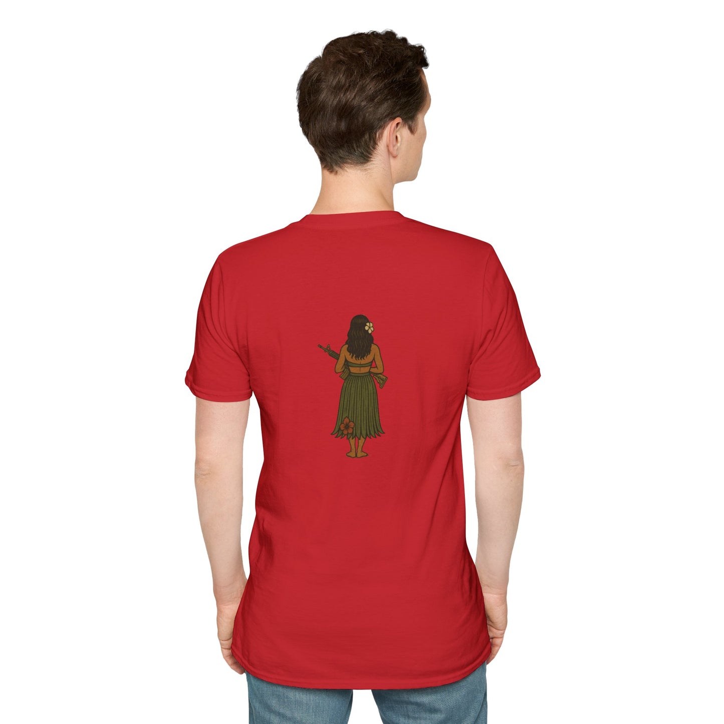 2-sided, Hula Girl Packin' Heat Light colors Unisex T-Shirt by theGreenDragonTavern.shop