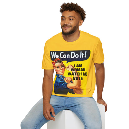 I Am Woman Watch Me Vote Rosie Light colors Unisex T-Shirt by theGreenDragonTavern.shop