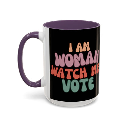 I Am Woman Watch Me Vote Black Accent Mug by theGreenDragonTavern.shop
