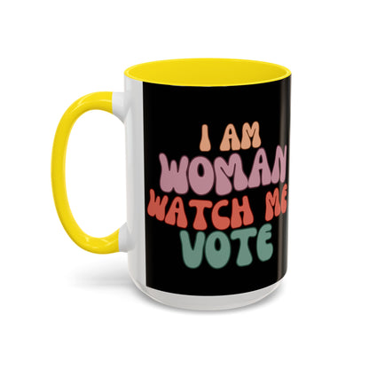 I Am Woman Watch Me Vote Black Accent Mug by theGreenDragonTavern.shop