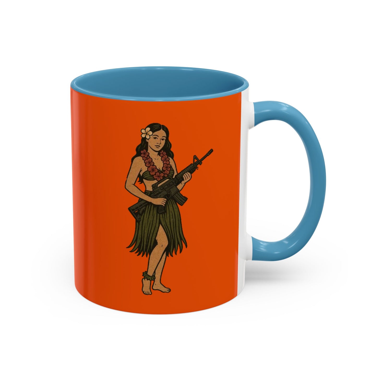Hula Girl Packin' Heat Orange Accent Mug by theGreenDragonTavern.shop