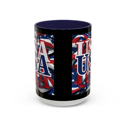 USA Blue font Center Patriot Black Accent Mug by theGreenDragonTavern.shop
